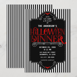 Invitation Black White Stripes Red Gothique Dîner d'Halloween