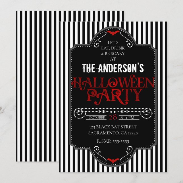 Invitation Black White Stripes Red Gothique Halloween Party (Devant / Derrière)