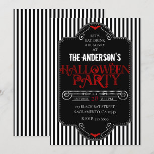 Invitation Black White Stripes Red Gothique Halloween Party