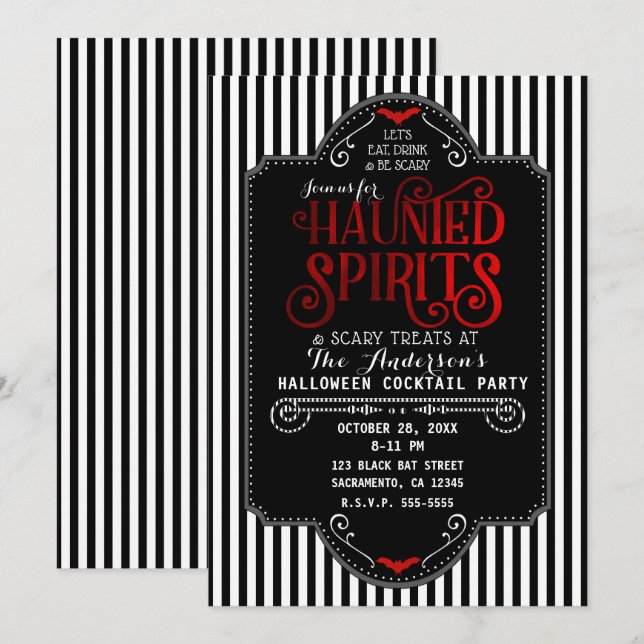 Invitation Black White Stripes Red Haunted Spirits Cocktail (Devant / Derrière)