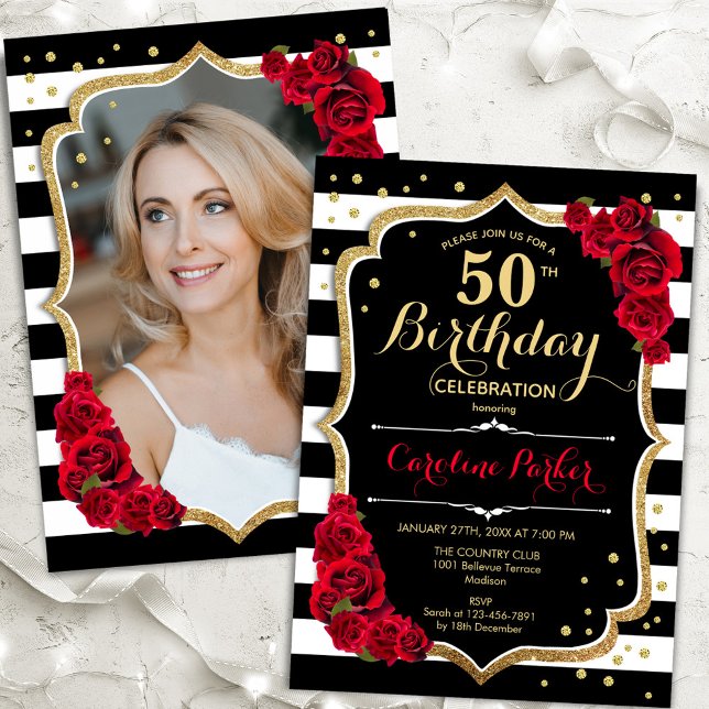 Invitation Black White Stripes Red Roses Photo 50e anniversai (Créateur téléchargé)