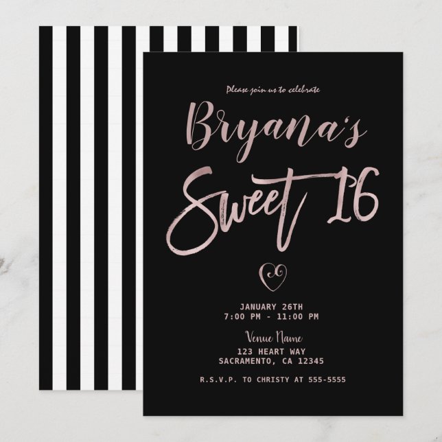 Invitation Black White Stripes Rose Gold Rose Chic Sweet 16 (Devant / Derrière)