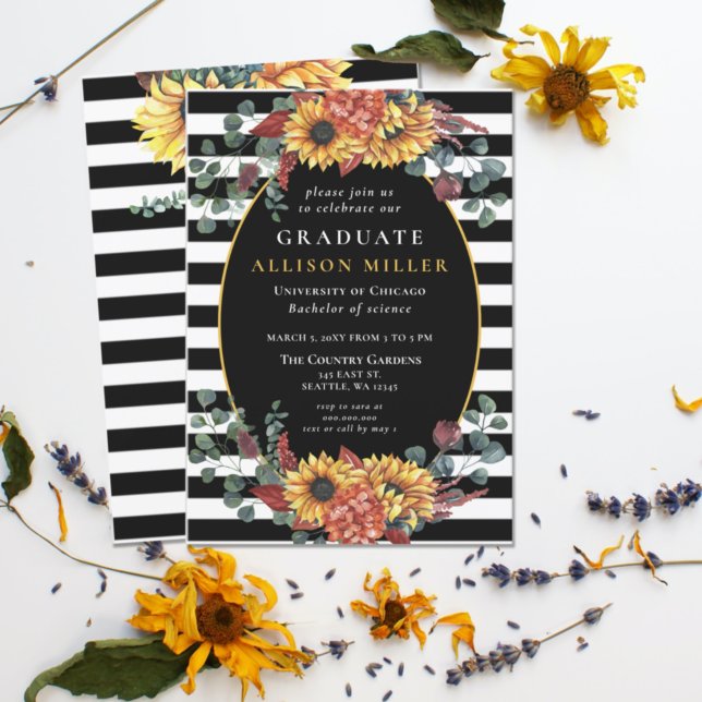 Invitation Black White Stripes Sunflowers Graduation Party (Créateur téléchargé)