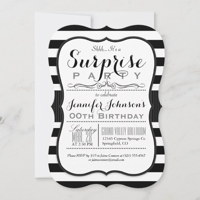 Invitation Black & White Stripes Surprise (Devant)