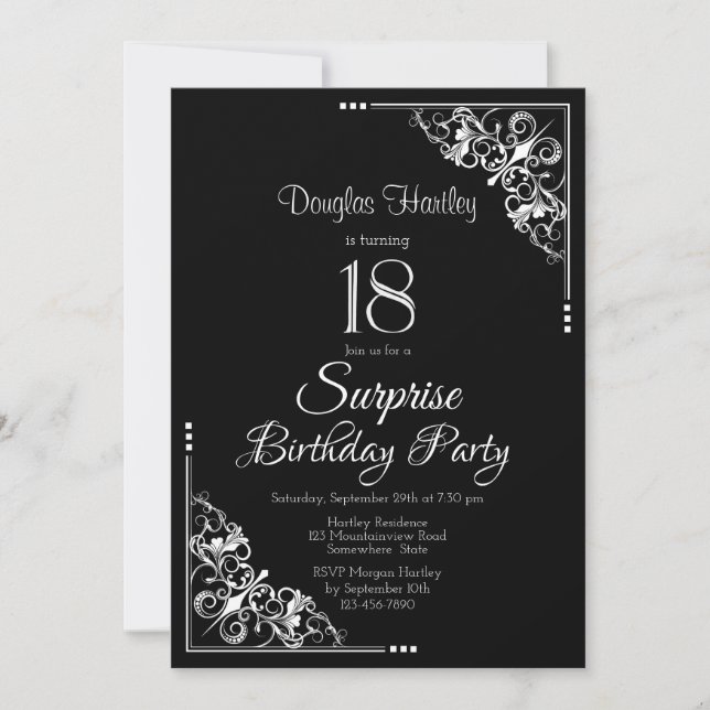 Invitation Black White Surprise 18e fête d'anniversaire (Devant)