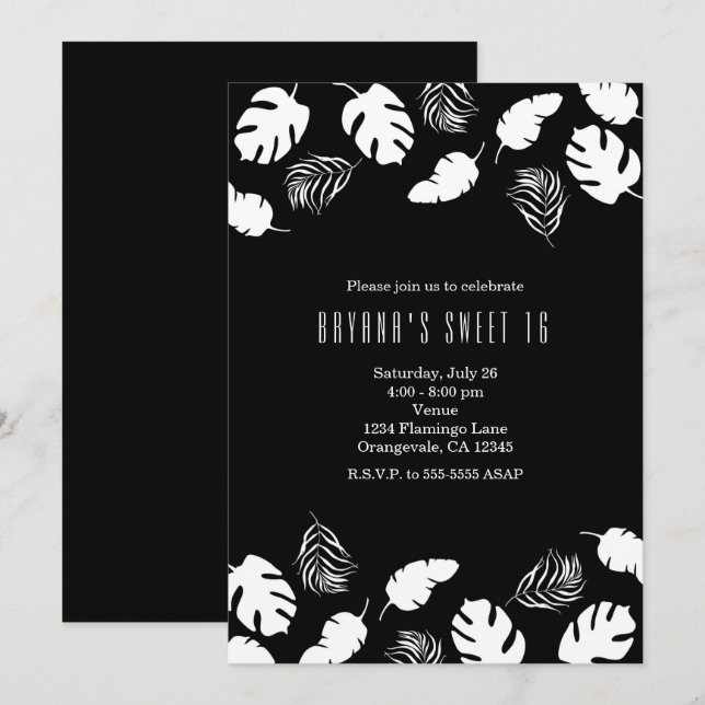 Invitation Black & White Tropical Feuilles Elegant Chic Party (Devant / Derrière)