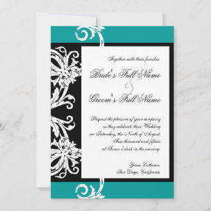 Invitation Black White Turquoise Heart Mariage damassé Invita