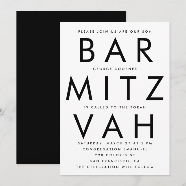Invitation Black White Ultra Modern Bar Mitzvah (Devant / Derrière)