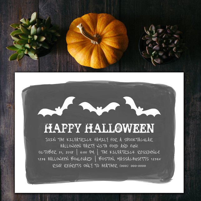 Invitation Black White Watercolor chauves Halloween (Black and White Watercolor Bats Halloween Party Invite)