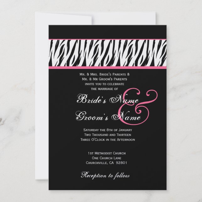 Invitation Black White Zebra Pink Accents Mariage Metallic (Devant)