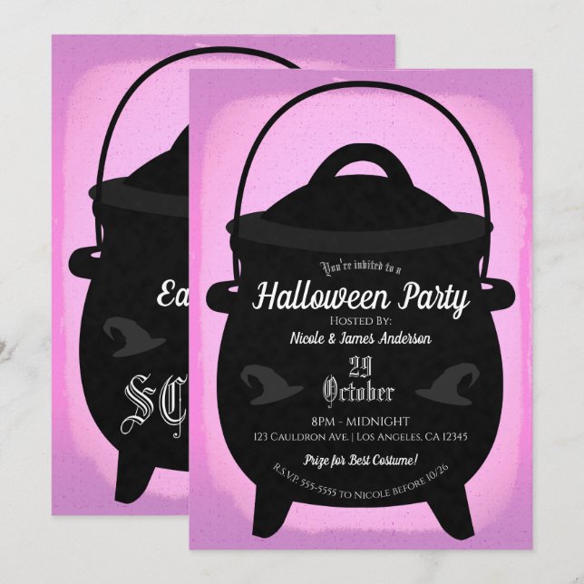 Invitation Black Witch Cauldron Pink Halloween Party (Devant / Derrière)