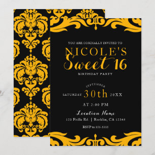 Invitation Black & Yellow Damassé Chic Élégant Douce Fête 16 