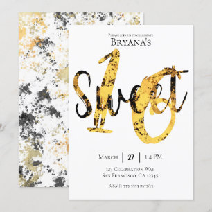 Invitation Black Yellow Gold Moderne Sweet 16 Anniversaire