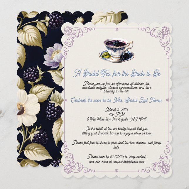 Invitation Blackberry Blooms Fête des mariées Tea Party (Devant / Derrière)