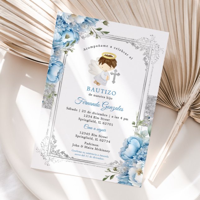 Invitation Blanc Argent Garçon Espagnol Bautizo Fleurs Bleues (Créateur téléchargé)