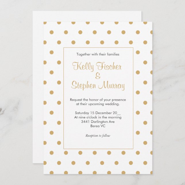 Invitation Blanc avec pois or (Devant / Derrière)