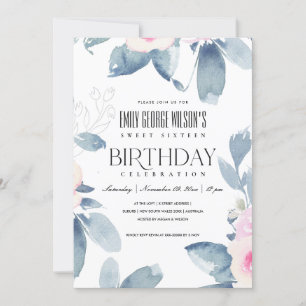 INVITATION BLANC BLEU BLEU FLORAL SUCRÉ 16 TOUS LES ANNÉES