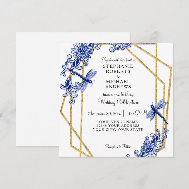Invitation Blanc bleu Chinoiserie Dragonfly Floral Aquarelle (Devant / Derrière)