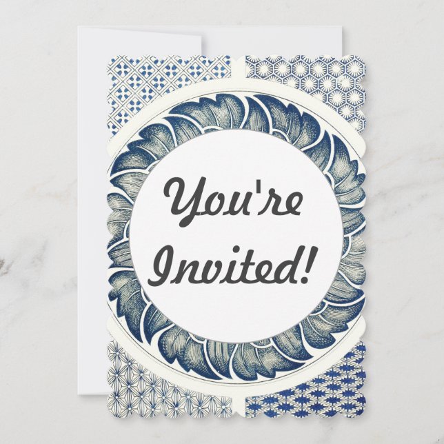 Invitation Blanc bleu Floral chinois rond (Devant)