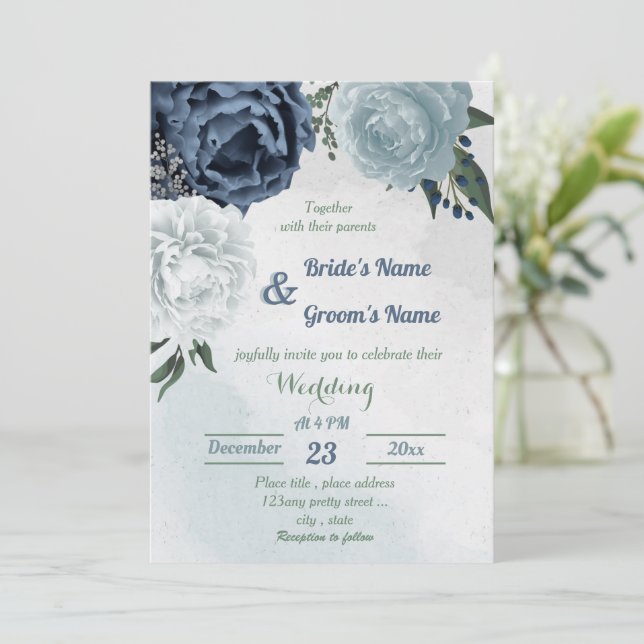 Invitation blanc & bleu mariage fleuri (Debout devant)
