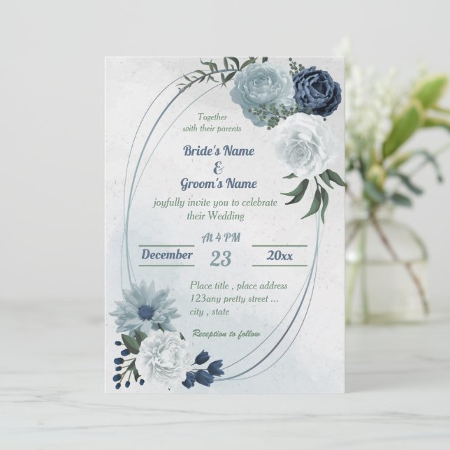Invitation blanc & bleu vert fleuri mariage géométrique (Debout devant)