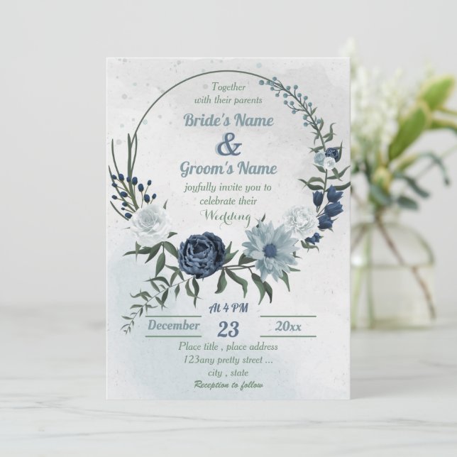 Invitation blanc & bleu vert fleurie mariage de couronne (Debout devant)