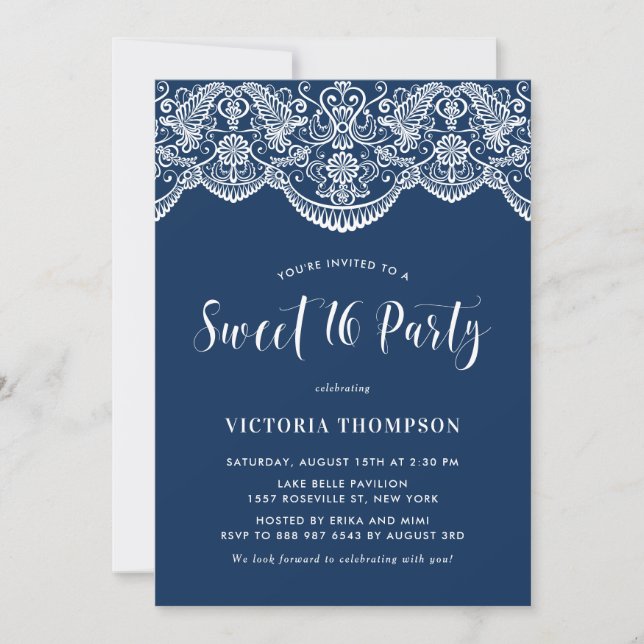Invitation Blanc Brocade dentelle marine bleu Sweet 16 Party (Devant)