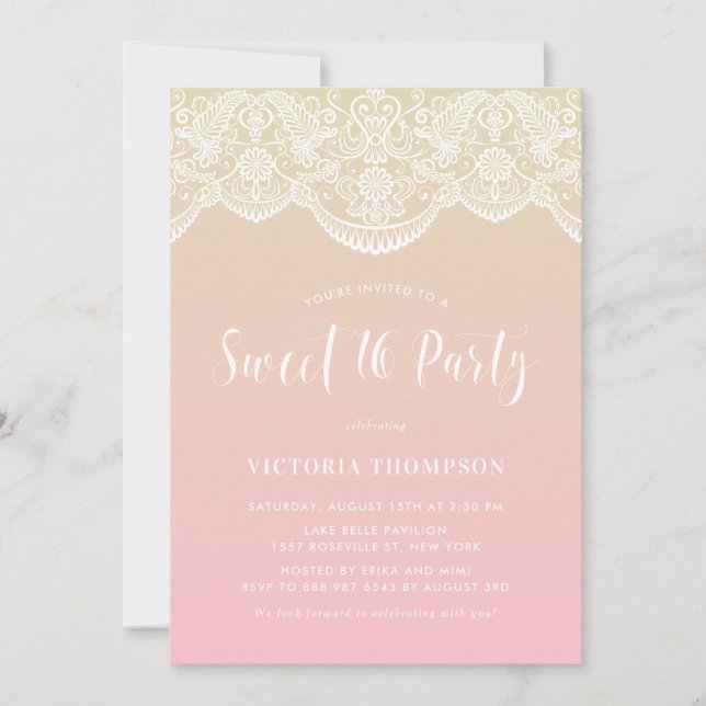 Invitation Blanc Brocade dentelle rose Ombre doux 16 Party (Devant)