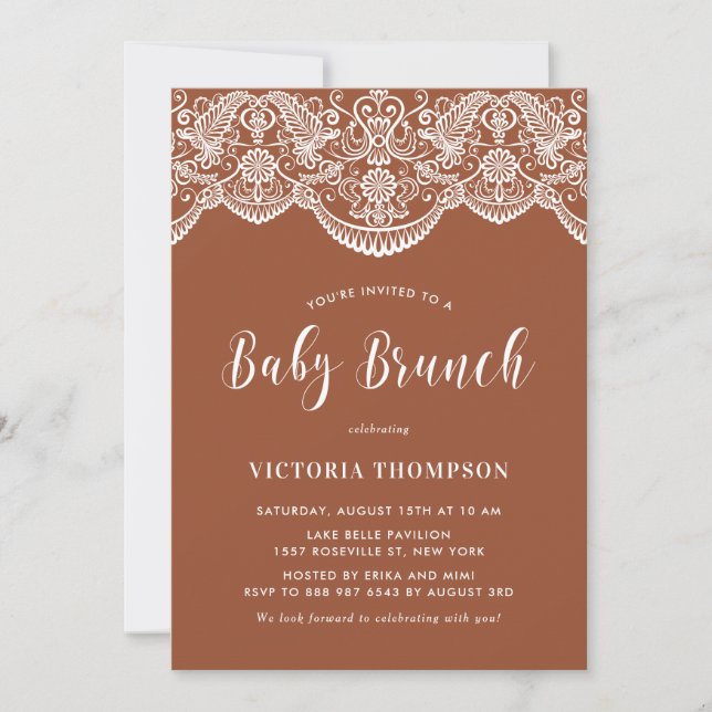 Invitation Blanc Brocade Lace Terracotta Baby Brunch (Devant)