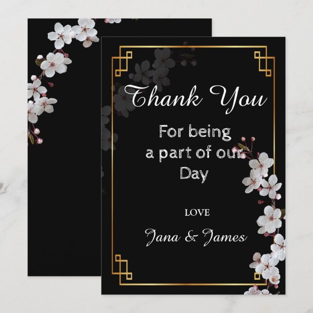 Invitation blanc cerise fleurs & cadre doré merci (Devant / Derrière)