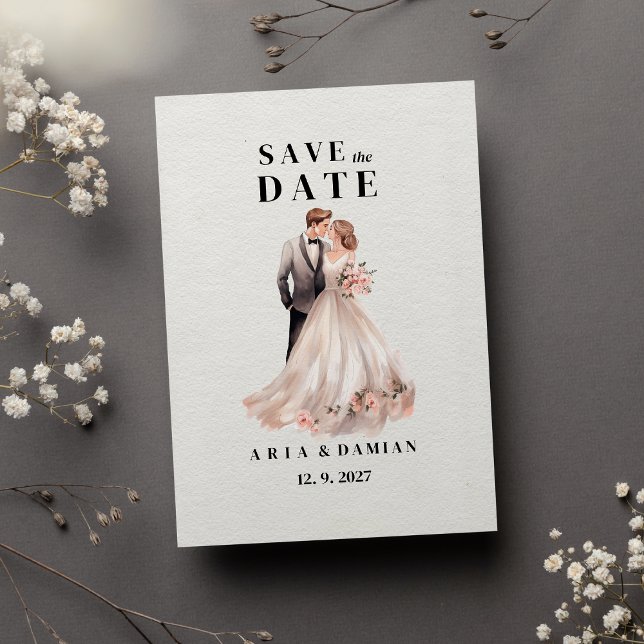 Invitation Blanc chic rose floral couple photo Enregistrer la (White chic pink floral couple photo Save the Date)