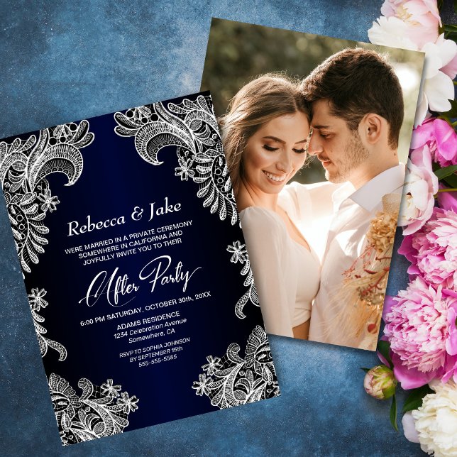 Invitation Blanc dentelle bleu Photo personnalisée Mariage ap (Créateur téléchargé)