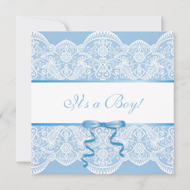 Invitation Blanc dentelle Bleu Satin C'est un Baby shower gar (Devant)