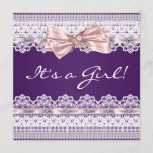Invitation Blanc dentelle rose ruban Girl Baby shower pourpre