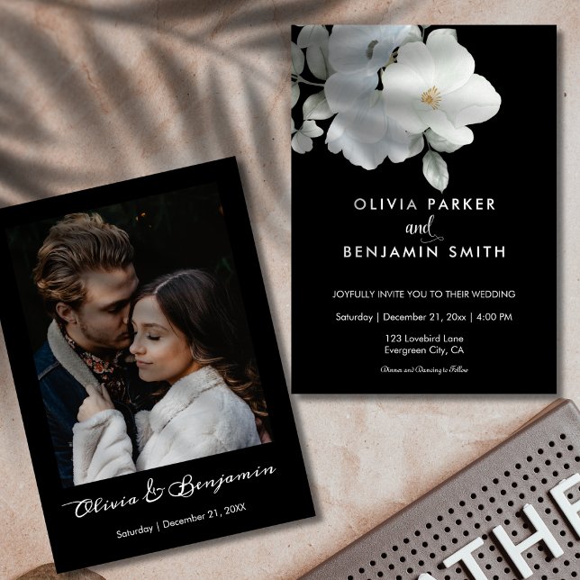 Invitation Blanc Elégant Floral Photo Moderne Mariage noir (White Elegant Floral Photo Modern Black Wedding Invitation)