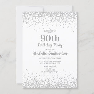 Invitation Blanc Élégant Paillettes Argent 90e Anniversaire