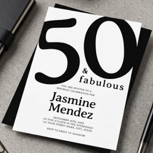 Invitation Blanc Et Noir Élégant 50 & Fabuleux Anniversaire 
