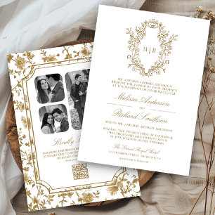 Invitation Blanc et Or Crête de Chinoiserie Code QR de Mariag