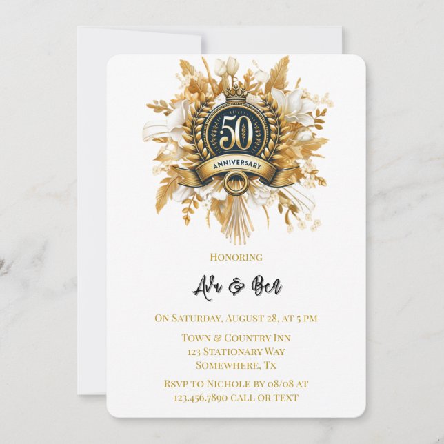 Invitation Blanc et or Floral Laurel 50e anniversaire (Devant)