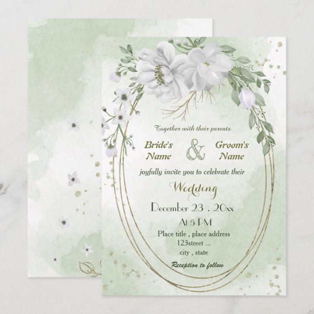 Invitation blanc fleurs vert feuille ovale cadre mariage (Devant / Derrière)