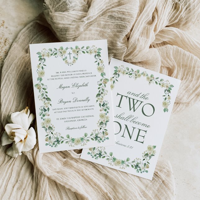 Invitation Blanc Floral Aquarelle Crest Mariage catholique (Dainty Catholic wedding invitation with white flowers and greenery and Bible verse)
