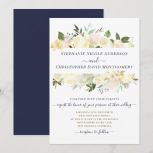 Invitation Blanc Floral Aquarelle Marine Bleu Mariage officie