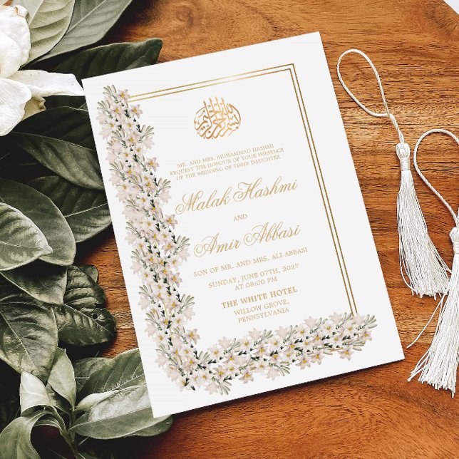 Invitation Blanc Floral Chic Frame Islam musulman Mariage (Créateur téléchargé)
