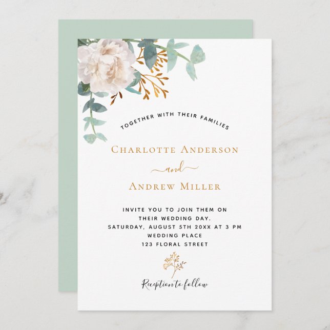 Invitation Blanc floral Eucalyptus verdure mariage moderne (Devant / Derrière)