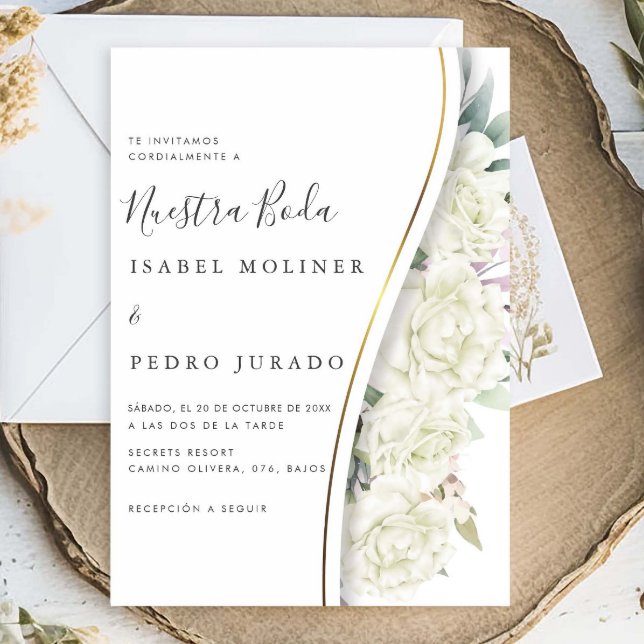 Invitation Blanc Floral Foliage Nuestra Boda Mariage espagnol (Créateur téléchargé)