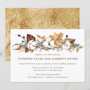 Invitation Blanc Floral Gold Automne Feuilles Mariage