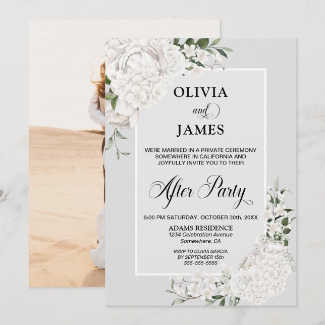 Invitation Blanc Floral Gris Mariage après la fête (Devant / Derrière)