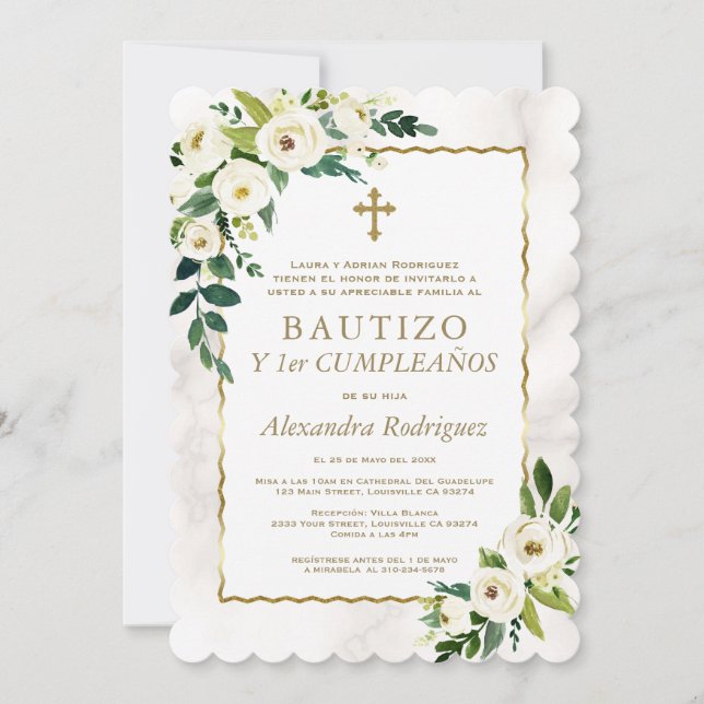 Invitation Blanc Floral Or espagnol 1er anniversaire Baptême (Devant)