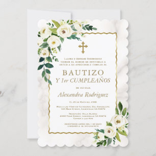 Invitation Blanc Floral Or espagnol 1er anniversaire Baptême