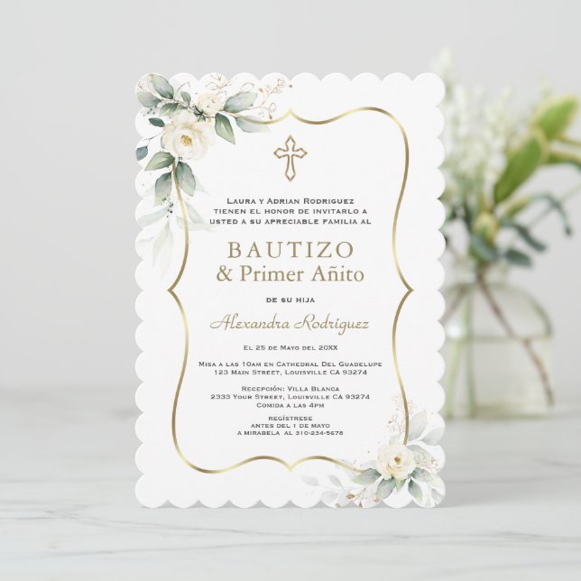 Invitation Blanc Floral Or espagnol 1er anniversaire Baptême (Debout devant)